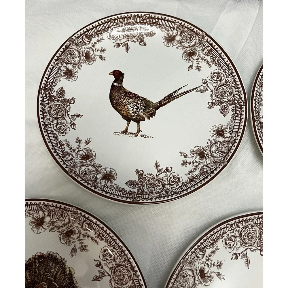 Turkey Pheasant Plates Set of 5 Floral Thanksgiving Fall Bird Country Farm Cabin